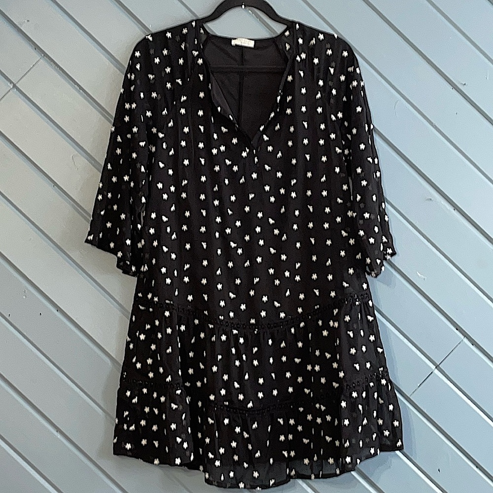 Love Stitch white embroidered floral black tiered mini tunic dress